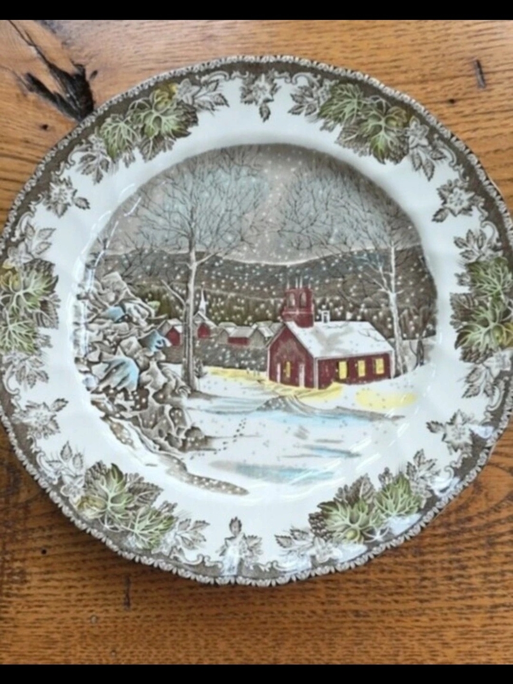 🎄2-10" Friendly Village School Dinner Plates - White, Green, Brown Transferware